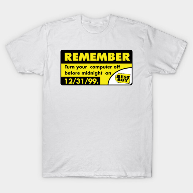 White T-shirt with retro "Remember Y2K" graphic in yellow and black, casual style, cotton material, unisex design.