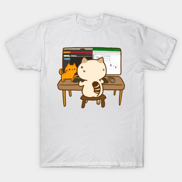 White t-shirt with cute cat cartoon design, featuring a cat at a computer desk. Ideal for casual wear. Cotton material.
