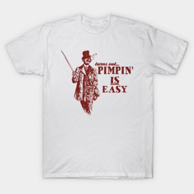 White graphic t-shirt with vintage illustration and red text "Pimpin' is Easy," casual fashion statement piece.