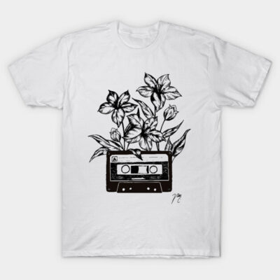 White T-shirt with vintage cassette and floral design, casual cotton wear, unisex graphic tee for everyday style.