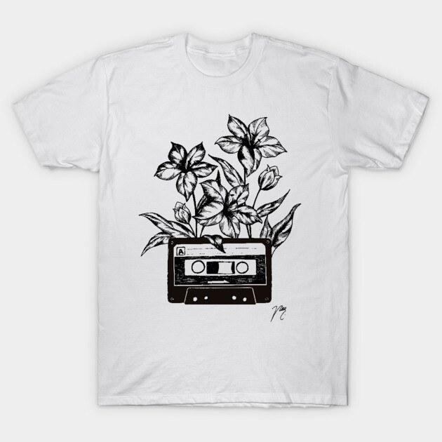 White T-shirt with vintage cassette and floral design, casual cotton wear, unisex graphic tee for everyday style.
