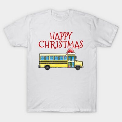 White t-shirt with "Happy Christmas" and yellow bus graphic, festive holiday design, cotton material, casual wear.