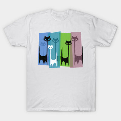 White t-shirt with colorful retro cat design, featuring blue, green, and pink panels. Casual cotton apparel.
