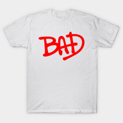 White cotton t-shirt with red "BAD" print, casual style, unisex design, ideal for everyday wear.