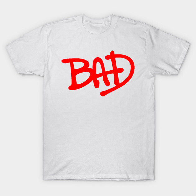 White cotton t-shirt with red "BAD" print, casual style, unisex design, ideal for everyday wear.