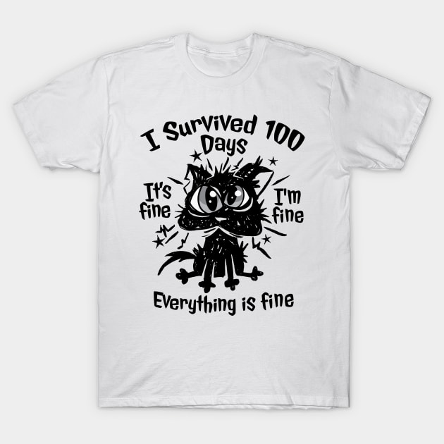 White T-shirt with black cat graphic and "I Survived 100 Days" text, casual style, comfortable cotton material.