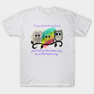 White T-shirt with colorful owl design and motivational quote, casual style, cotton material, unisex fit.