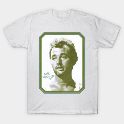 White graphic t-shirt with vintage green print design, casual style, made from soft cotton, perfect for everyday wear.