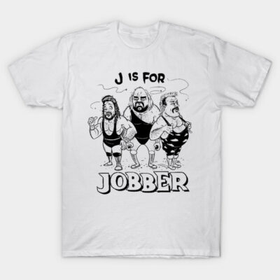 White t-shirt with wrestling theme, "J is for Jobber" print, featuring cartoon wrestlers, casual unisex cotton apparel.