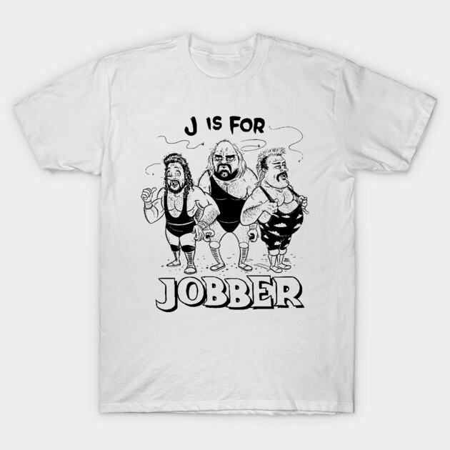 White t-shirt with wrestling theme, "J is for Jobber" print, featuring cartoon wrestlers, casual unisex cotton apparel.