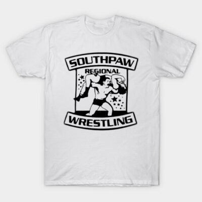 White t-shirt with "Southpaw Regional Wrestling" graphic, featuring wrestlers. Casual wear, cotton material.