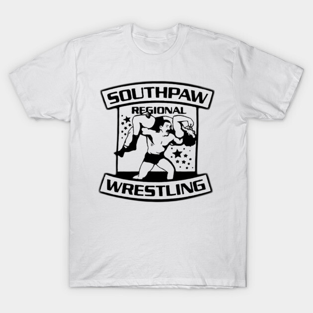 White t-shirt with "Southpaw Regional Wrestling" graphic, featuring wrestlers. Casual wear, cotton material.