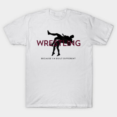 White wrestling graphic T-shirt, bold text design, casual wear, cotton material, unisex style, perfect for sports enthusiasts.