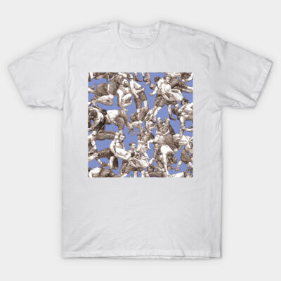 White T-shirt with vintage wrestling graphic; blue background; casual unisex style; soft cotton material; sporty design.