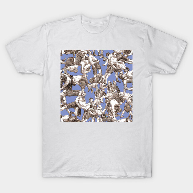 White T-shirt with vintage wrestling graphic; blue background; casual unisex style; soft cotton material; sporty design.