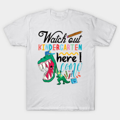 White kids' T-shirt with colorful "Watch Out Kindergarten Here I Come" dinosaur graphic, perfect for school.