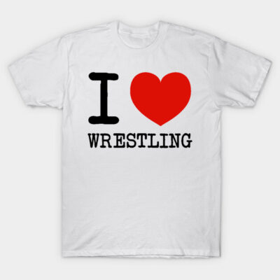 White "I Love Wrestling" t-shirt with red heart graphic, casual cotton tee for wrestling fans, unisex design.