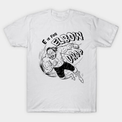 White t-shirt with "E is for Elbow Drop" graphic, featuring a wrestler illustration, casual style, cotton material.