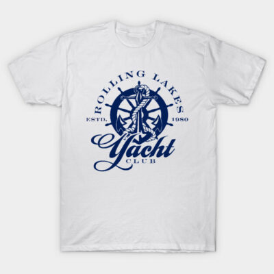 White t-shirt with navy nautical print, "Rolling Lakes Yacht Club." Casual cotton tee for sailing enthusiasts.