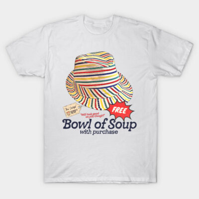 White t-shirt with colorful striped hat graphic, humorous text, casual style, perfect for everyday wear.