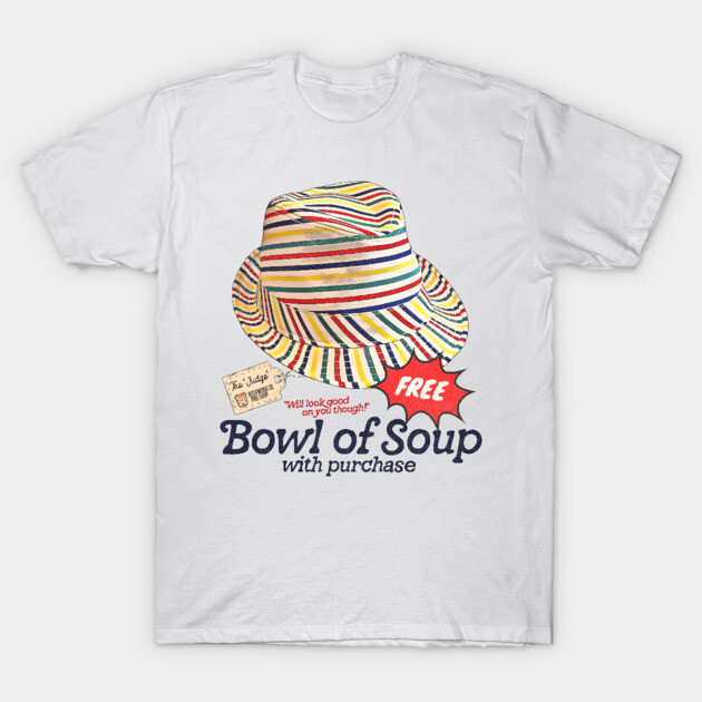 White t-shirt with colorful striped hat graphic, humorous text, casual style, perfect for everyday wear.