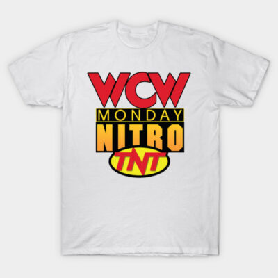 White T-shirt with bold "WCW Monday Nitro TNT" graphic in red, yellow, and black, ideal for wrestling fans.