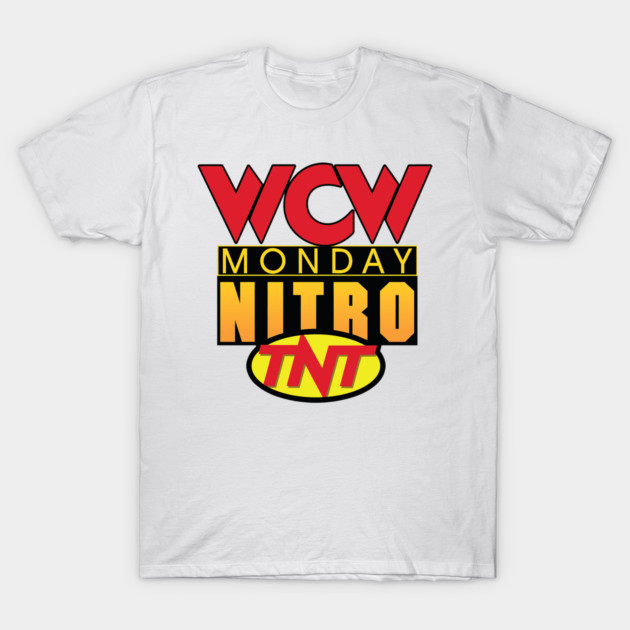 White T-shirt with bold "WCW Monday Nitro TNT" graphic in red, yellow, and black, ideal for wrestling fans.