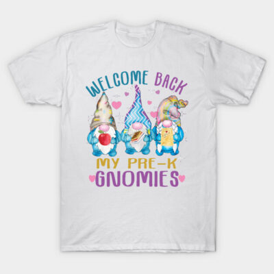 White t-shirt with colorful gnome design and "Welcome Back My Pre-K Gnomies" text, perfect for playful style.