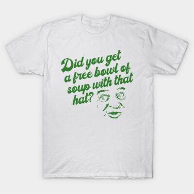 White cotton T-shirt with green humorous text and face graphic, casual wear.