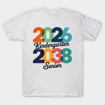 White t-shirt with colorful "2026 Kindergarten 2038 Senior" print, cotton material, casual style, ideal for school events.