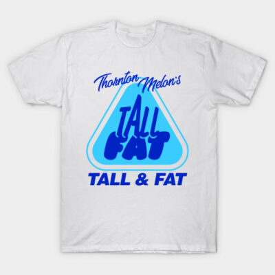 White cotton t-shirt with blue "Tall & Fat" graphic print, casual wear, unisex, soft fabric.