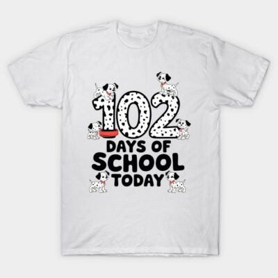 White t-shirt with "102 Days of School Today" design featuring playful dalmatian puppies, perfect for school celebrations.