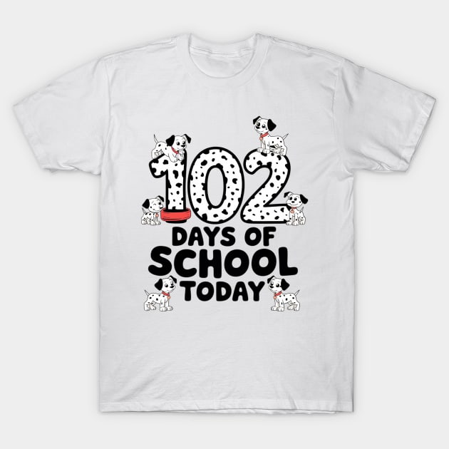 White t-shirt with "102 Days of School Today" design featuring playful dalmatian puppies, perfect for school celebrations.