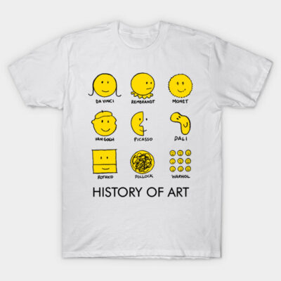 White T-shirt featuring yellow smiley faces with famous artist names, "History of Art" novelty design, cotton material.