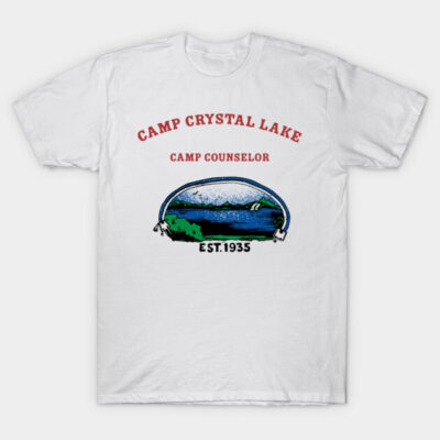 White "Camp Crystal Lake" graphic t-shirt, featuring retro camp counselor design, perfect for casual wear.