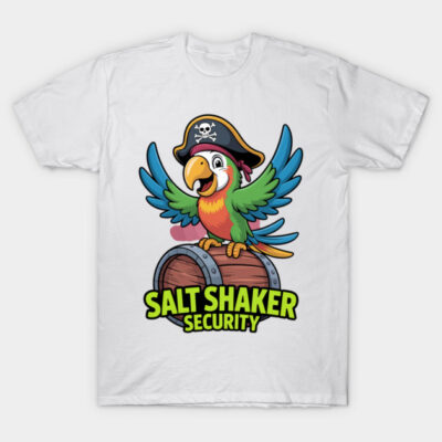 White t-shirt with pirate parrot graphic, colorful design, "Salt Shaker Security" text, casual cotton style.