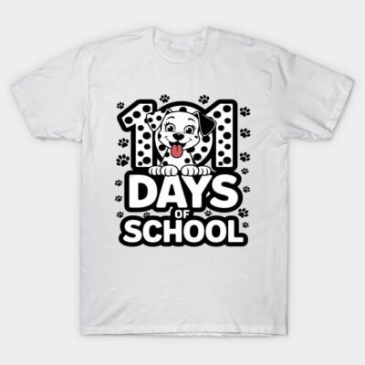 White T-shirt with "101 Days of School" design featuring a cartoon dog and paw prints, perfect for school celebrations.