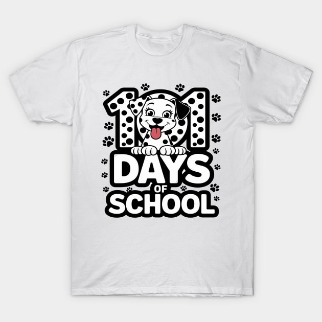 White T-shirt with "101 Days of School" design featuring a cartoon dog and paw prints, perfect for school celebrations.