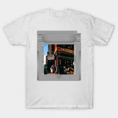 White cotton t-shirt with retro cartridge graphic, urban scene print, casual wear, unisex style.