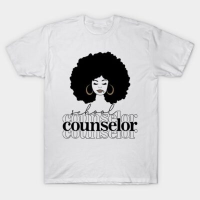 White T-shirt with "School Counselor" text and graphic design, casual style, ideal for educators, soft cotton material.