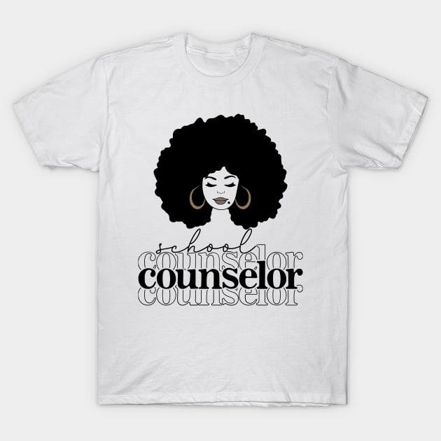 White T-shirt with "School Counselor" text and graphic design, casual style, ideal for educators, soft cotton material.