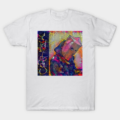 White t-shirt with vibrant abstract geometric design, multicolored art print, casual wear, cotton material.