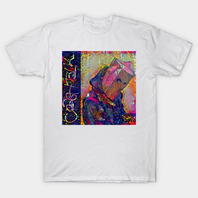 White t-shirt with vibrant abstract geometric design, multicolored art print, casual wear, cotton material.