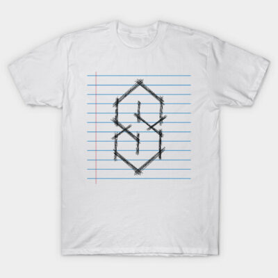 White t-shirt with black geometric sketch on lined paper design, casual style, cotton material, perfect for everyday wear.