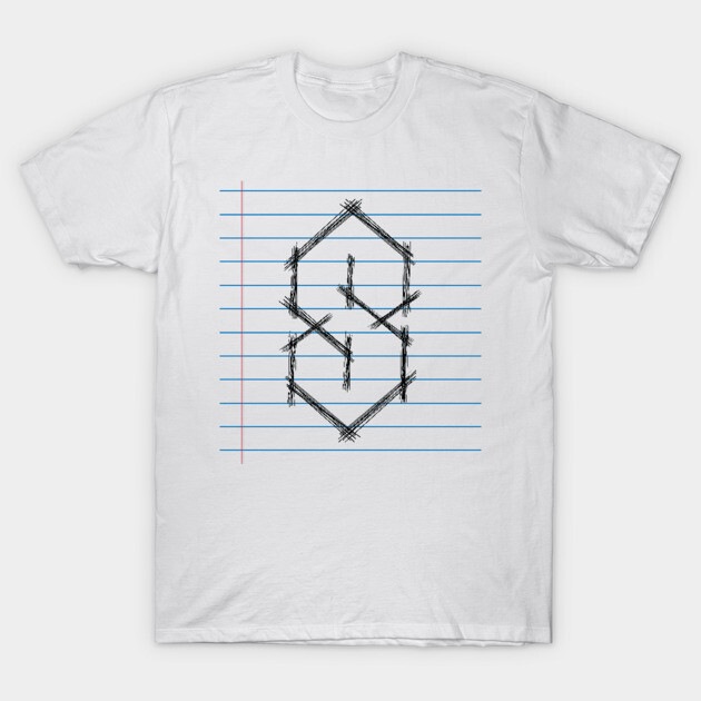 White t-shirt with black geometric sketch on lined paper design, casual style, cotton material, perfect for everyday wear.