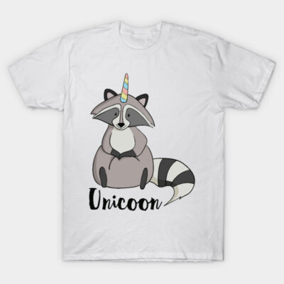White t-shirt with cute raccoon unicorn design and "Unicoon" text, perfect for casual wear.
