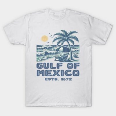 White Gulf of Mexico graphic t-shirt, vintage style, featuring palm tree and ocean design, cotton casual wear.