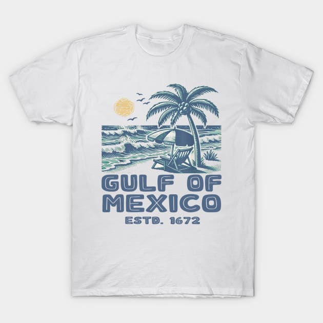 White Gulf of Mexico graphic t-shirt, vintage style, featuring palm tree and ocean design, cotton casual wear.