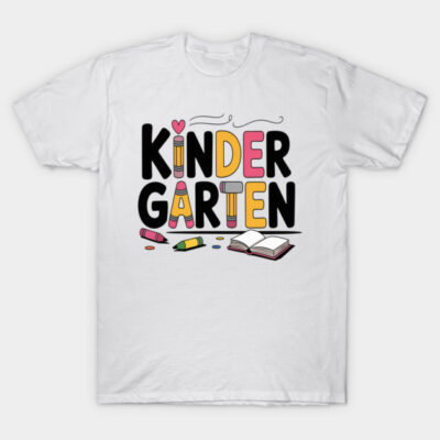 White kindergarten-themed T-shirt with colorful crayon design and playful lettering, ideal for kids' casual wear.