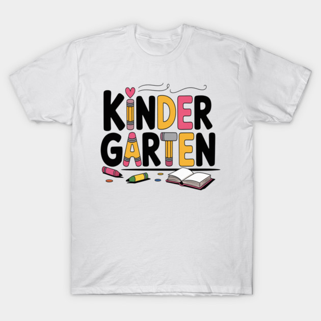 White kindergarten-themed T-shirt with colorful crayon design and playful lettering, ideal for kids' casual wear.